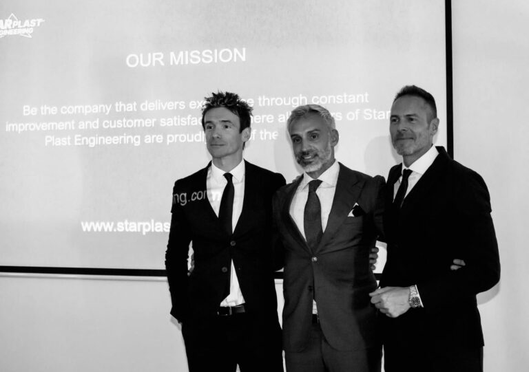 Three men in suits presenting the Star Plast Engineering mission