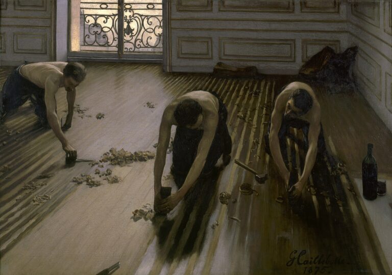 Gustave Caillebotte, The Floor Planers (1875): three shirtless workers planing a wooden floor by hand